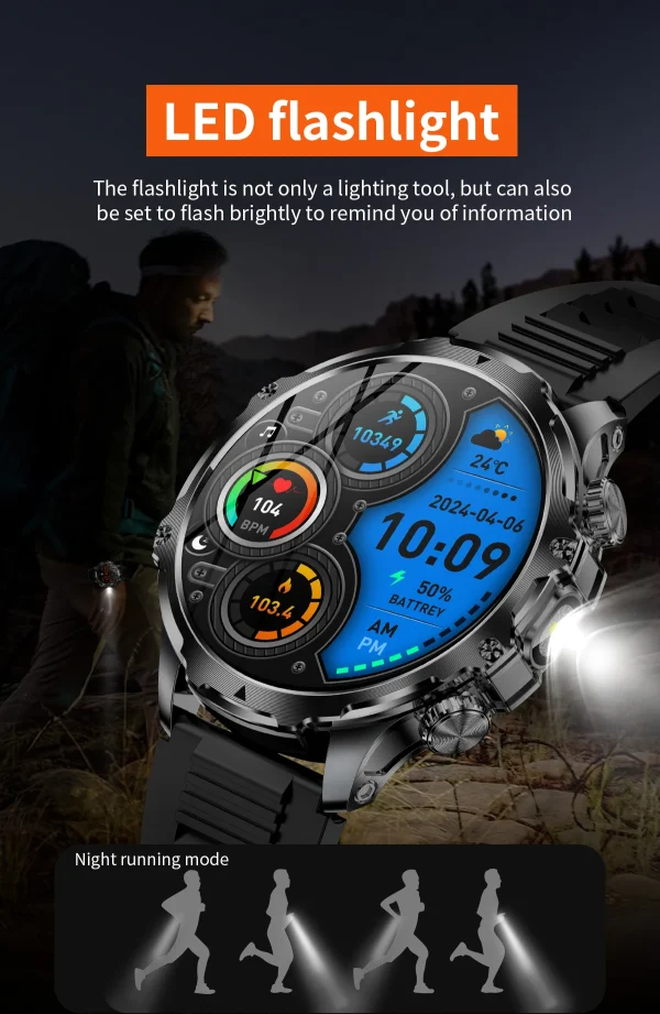 AK75 Smart Watch Flashlight  Men Outdoors Sports Fitness Tracker 700mah Large Battery BT Calling LED Light Smartwatch - Image 6